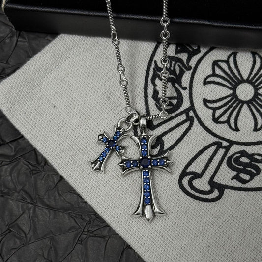 Vintage-Halskette mit farbigem Strass-/Diamant-Optik Doppelkreuz-Anhänger