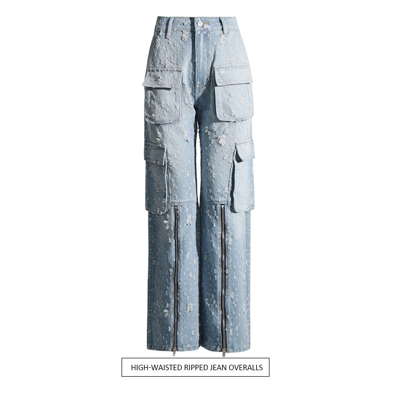 Blaue High-Waist-Jeans-Latzhose im Destroyed-Look mit Multi-Pockets (lang)