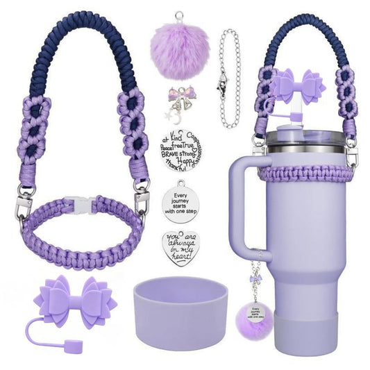 Zubehör-Set für Stanley 40oz – Geflochtener Tragegurt, Bow-Schleife, Strohhalm-Kappe, Cup Cover & Wollball-Anhänger