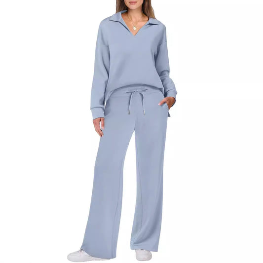 Modischer Damen-Zweiteiler für Herbst & Winter – Casual Sportsuit mit langärmeligem V-Neck-Sweatshirt und weit geschnittener Hose