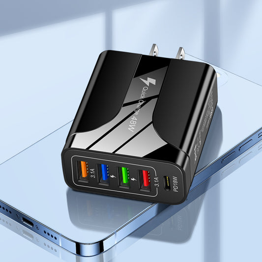 48W Multi-Port Ladegerät – 4×USB + USB-C (PD 18W), 5-in-1 Schnelllade-Netzteil