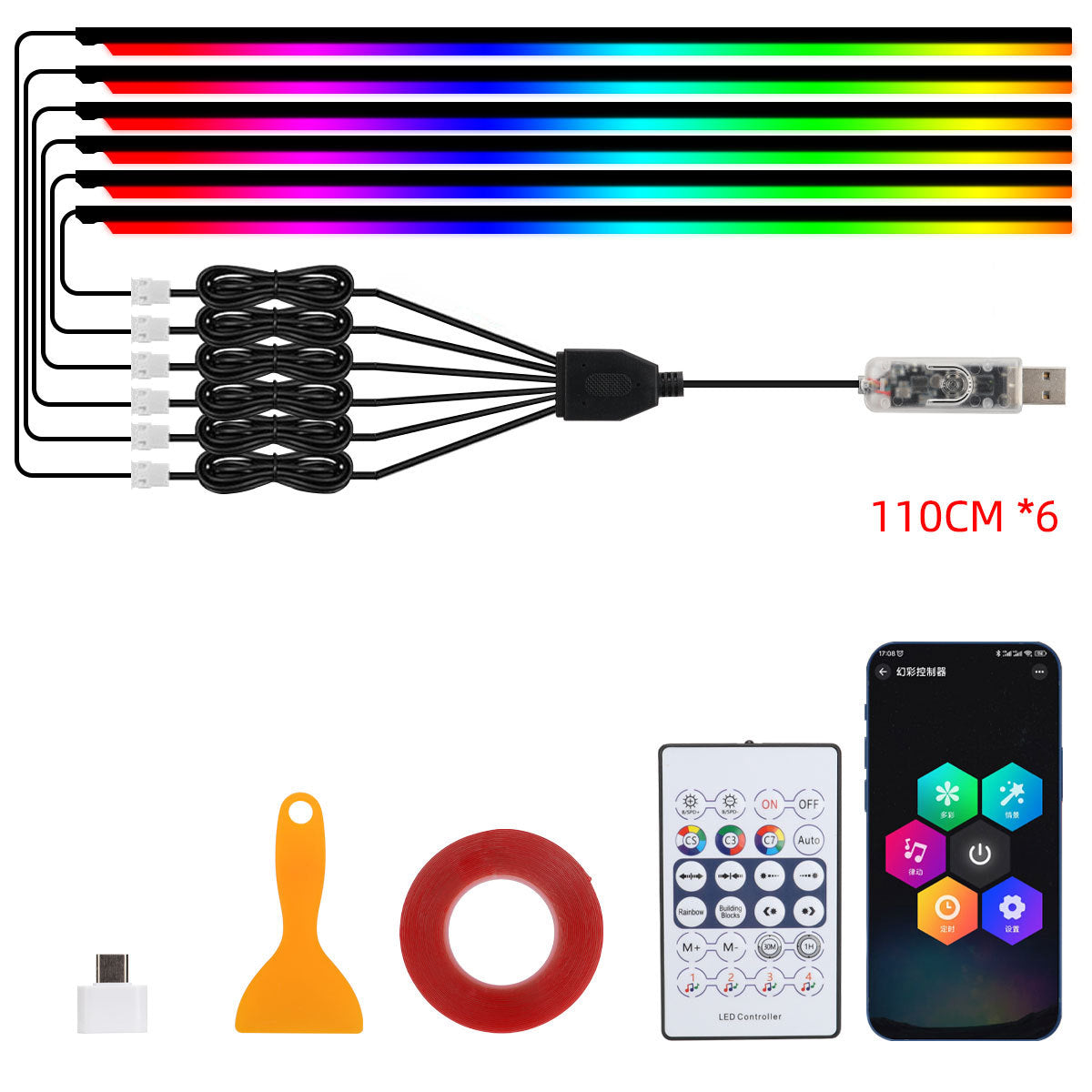 10-in-1 Auto-LED-Acryl-Lichtstreifen (RGB Symphony) – Innenraum-Lichtleisten fürs Auto mit Fernbedienung/App-Steuerung; dekorative Ambientebeleuchtung / Atmosphärenlampe.