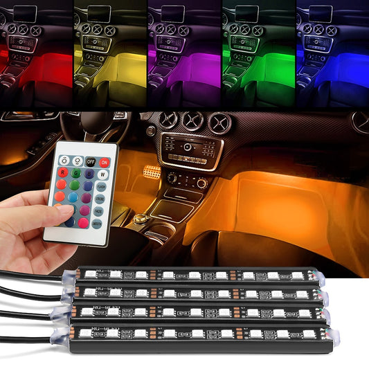 9-teiliges Auto-RGB-LED-Strip-Light-Set – mehrfarbige LED-Lichtstreifen für Auto-Styling und dekorative Ambientebeleuchtung im Innenraum, inkl. Fernbedienung.
