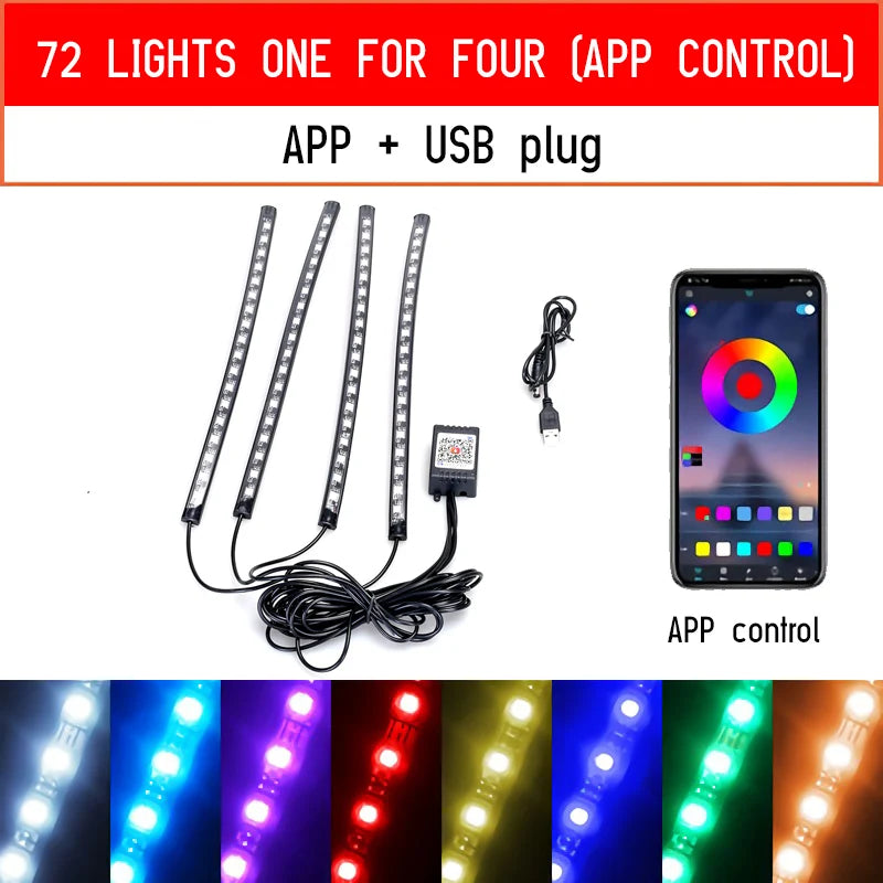 LED-Auto-Fußraum-Ambientebeleuchtung mit USB-/Zigarettenanzünder-Anschluss – RGB-Innenraumbeleuchtung mit Musiksteuerung, App-Control und Hintergrundbeleuchtung; dekorative Atmosphäre-Leuchten fürs Auto.