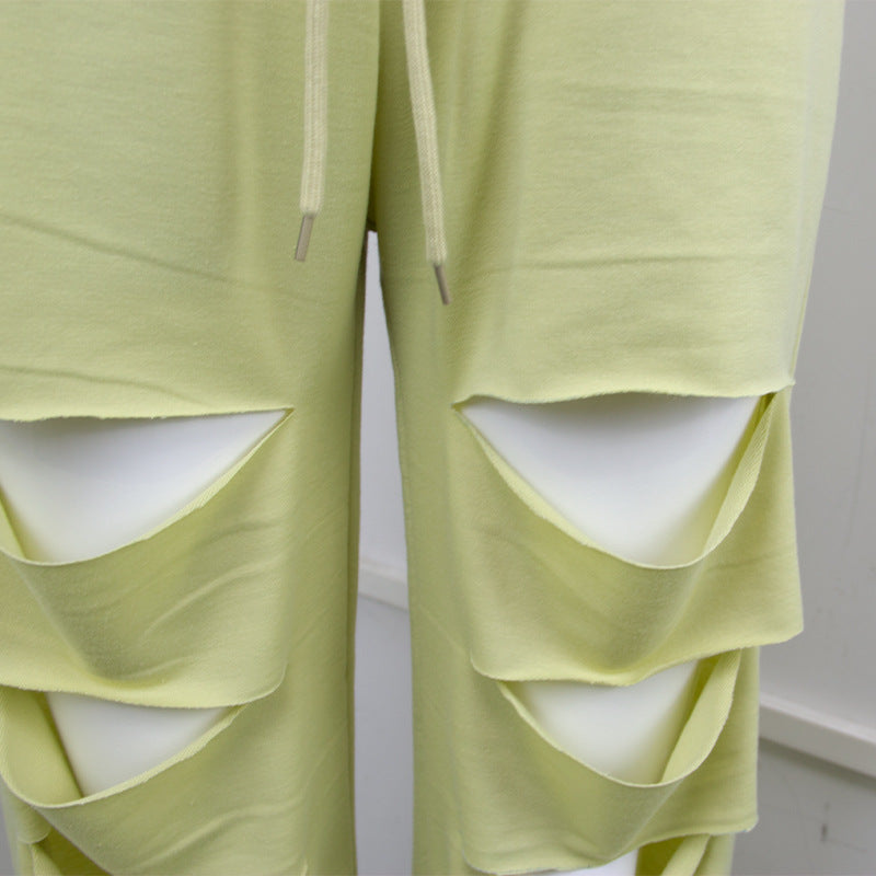 Neue Herbst-Hose mit hoher Taille, Destroyed-Details (Risse), lässig, locker geschnitten, mit tailliertem Bund und weitem Bein