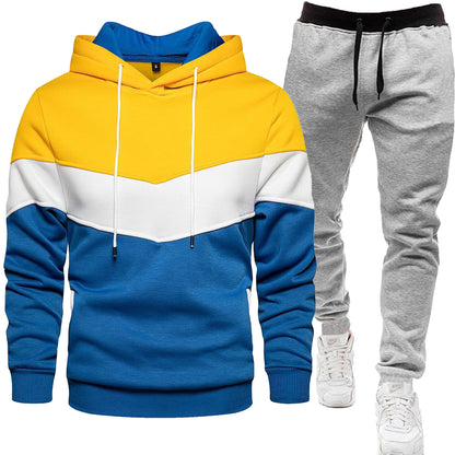 Herren-Zweiteiler (Hoodie + Hose) im Colorblock-Design – sportlich & casual, Patchwork Kapuzenpullover für Frühling/Herbst mit langer Hose