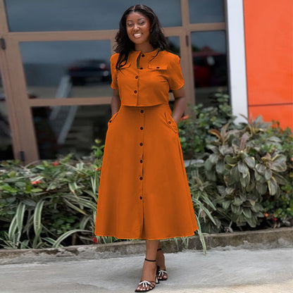 Set: Elegantes Rundhals-Kurzarm-Top & hoch taillierter Rock (mit Knopfleiste)