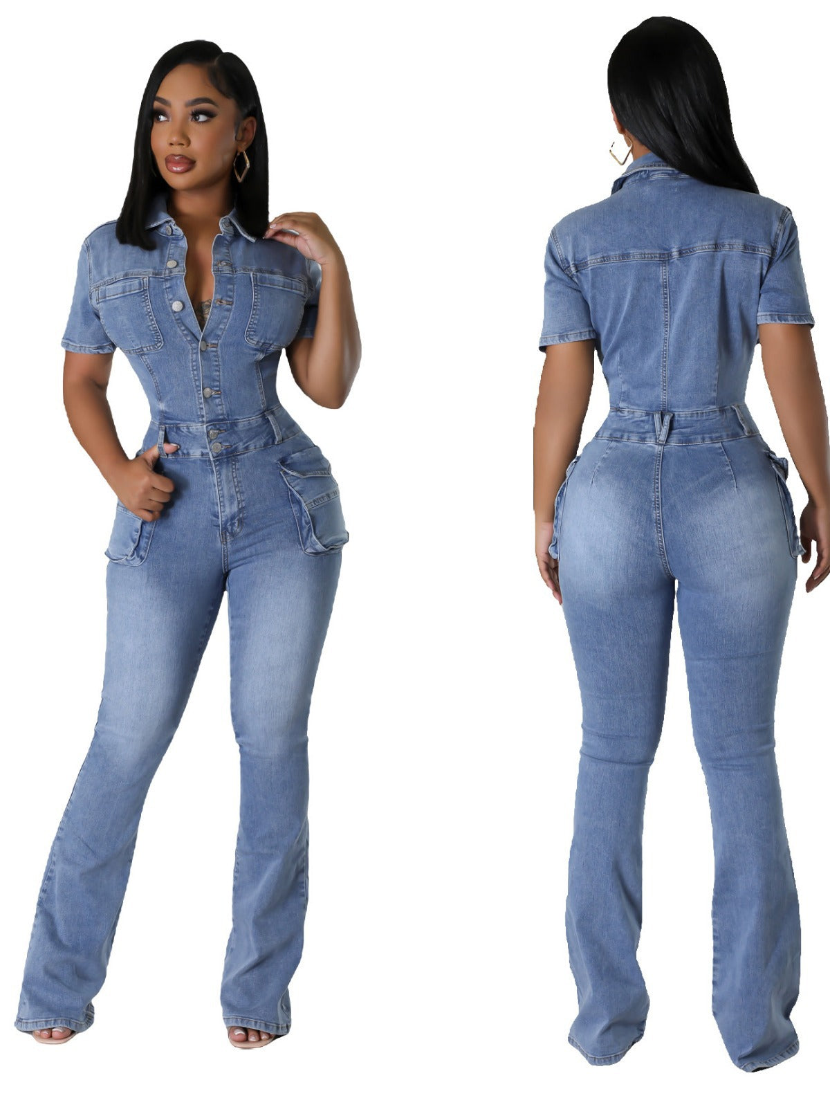 Europäisch-amerikanischer Denim-Jumpsuit mit tailliertem Bund – Slim Fit, elastisch, im Vintage-/Wasch-Look, mit ausgestelltem Bein (Flared)
