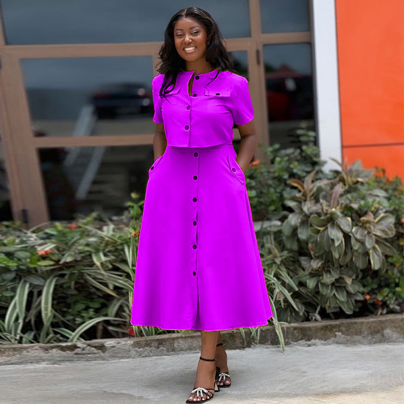 Set: Elegantes Rundhals-Kurzarm-Top & hoch taillierter Rock (mit Knopfleiste)