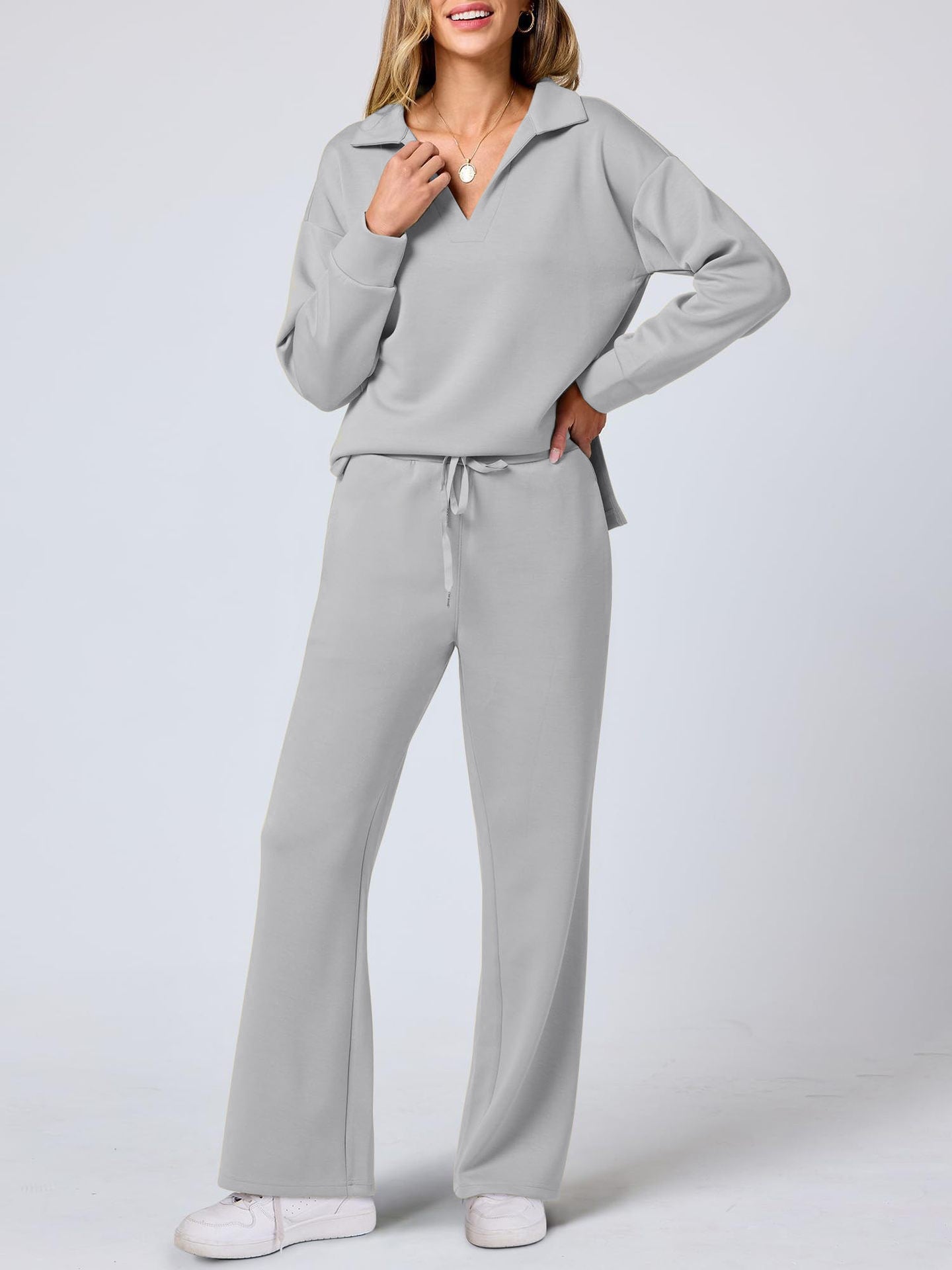 Modischer Damen-Zweiteiler für Herbst & Winter – Casual Sportsuit mit langärmeligem V-Neck-Sweatshirt und weit geschnittener Hose