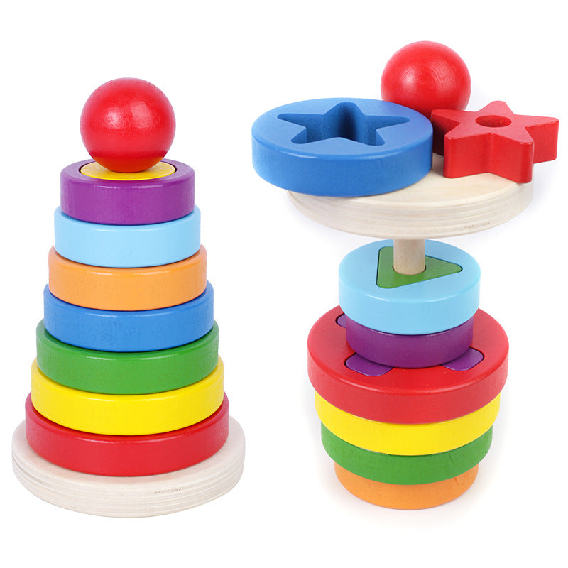Geometrische Stapelbausteine aus Holz (rund) – Regenbogen-Stapelturm, Frühförder-Puzzle & Steckspiel für Kinder, Weihnachts-Spielzeug & Geschenkidee