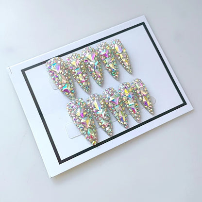 Lange Wearable Nails – Water-Drop Form, AB-Diamant/Strass, 3D-Design, handgemacht