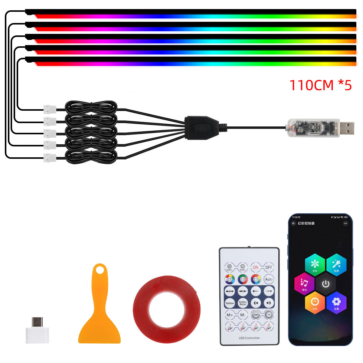 10-in-1 Auto-LED-Acryl-Lichtstreifen (RGB Symphony) – Innenraum-Lichtleisten fürs Auto mit Fernbedienung/App-Steuerung; dekorative Ambientebeleuchtung / Atmosphärenlampe.