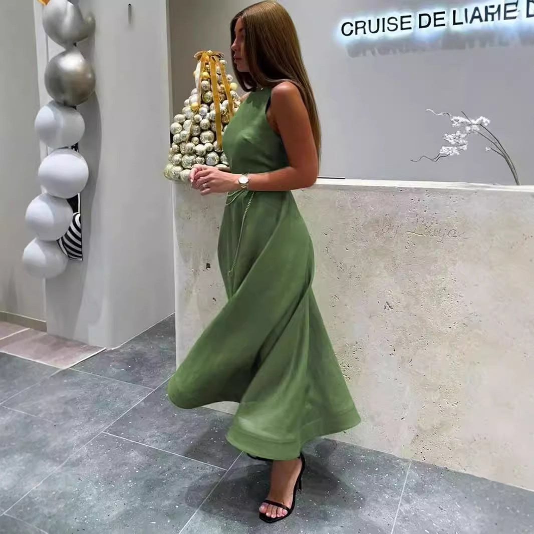 Elegantes grünes Damenkleid – modisches, ärmelloses Rundhalskleid im neuen Casual-Style, mit hoher Taille und A-Linien-Schnitt (mid waist)