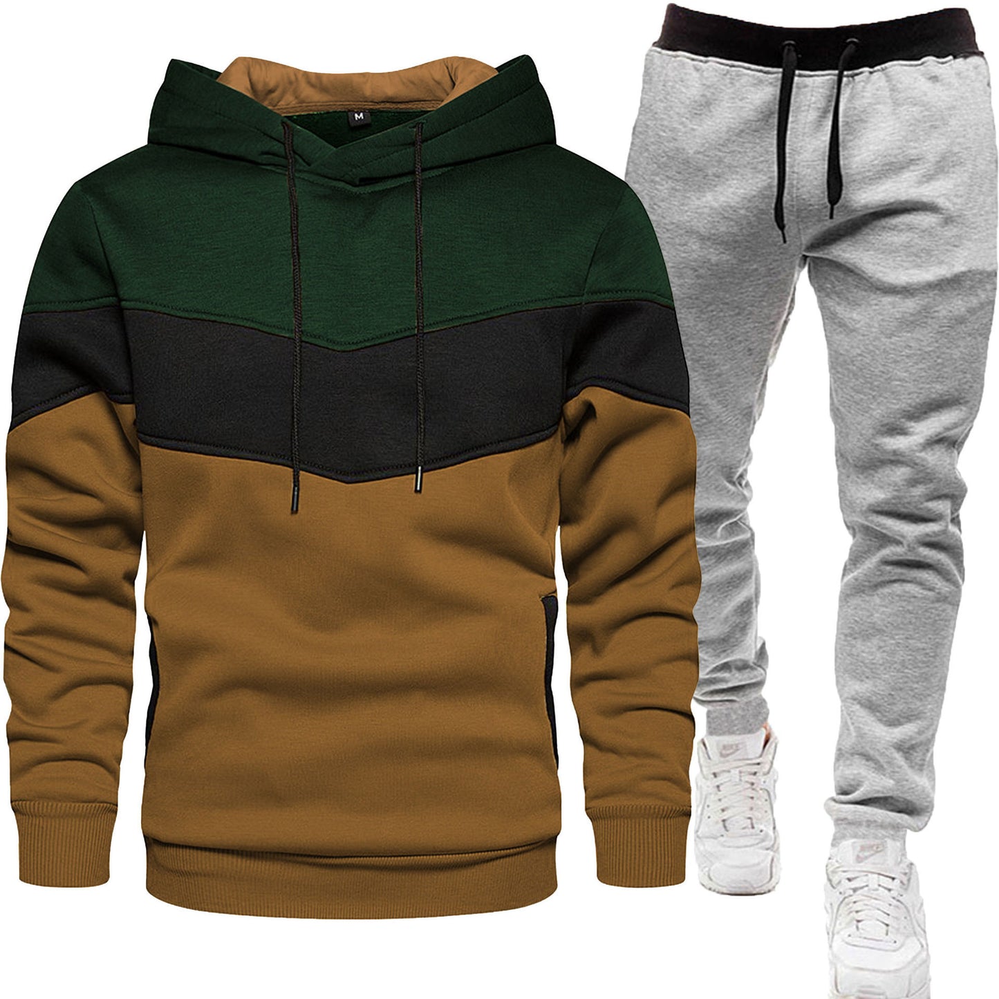 Herren-Zweiteiler (Hoodie + Hose) im Colorblock-Design – sportlich & casual, Patchwork Kapuzenpullover für Frühling/Herbst mit langer Hose