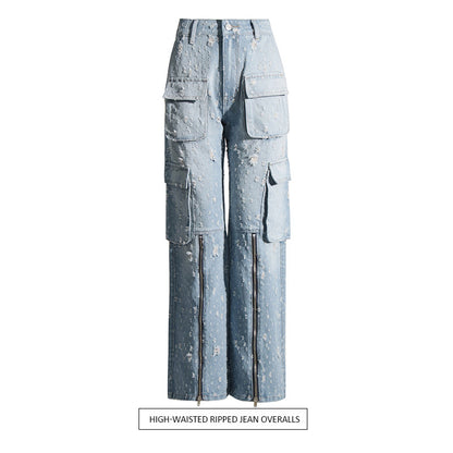 Blaue High-Waist-Jeans-Latzhose im Destroyed-Look mit Multi-Pockets (lang)