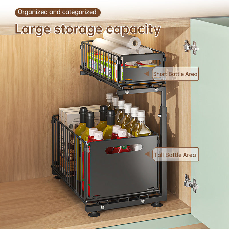 2-stöckiger Auszieh-Küchenschrank-Organizer – Verstellbarer Korb mit Schubladenschienen