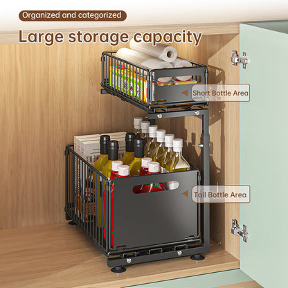 2-stöckiger Auszieh-Küchenschrank-Organizer – Verstellbarer Korb mit Schubladenschienen