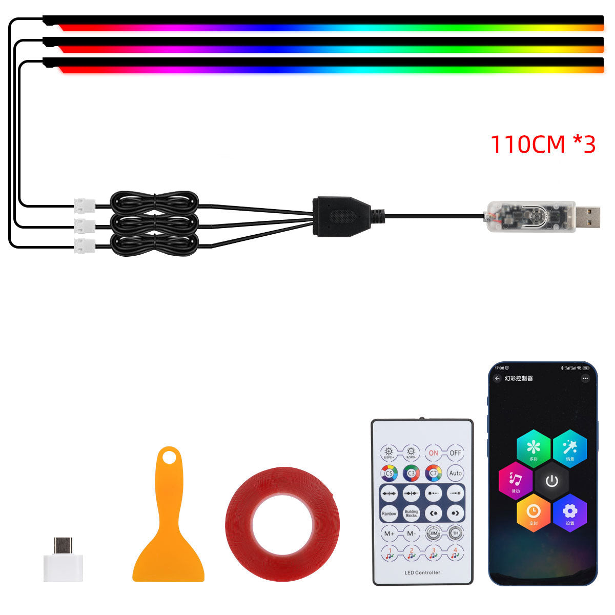 10-in-1 Auto-LED-Acryl-Lichtstreifen (RGB Symphony) – Innenraum-Lichtleisten fürs Auto mit Fernbedienung/App-Steuerung; dekorative Ambientebeleuchtung / Atmosphärenlampe.