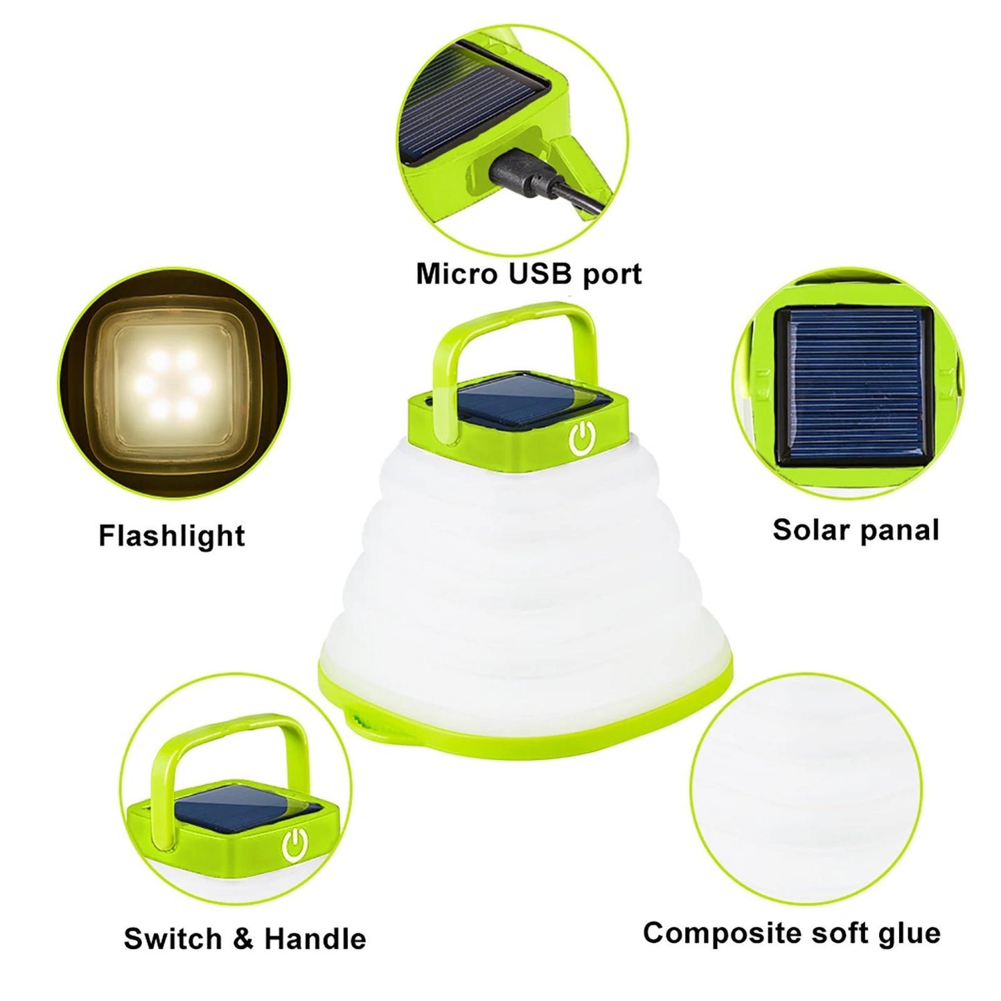 Solar-LED-Campinglampe – tragbar, faltbar, teleskopisch, mit Klebepad