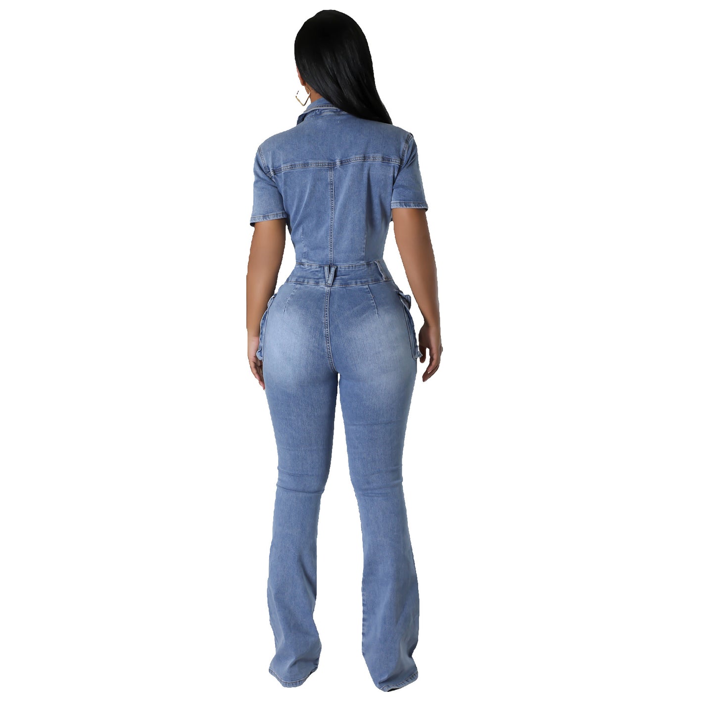 Europäisch-amerikanischer Denim-Jumpsuit mit tailliertem Bund – Slim Fit, elastisch, im Vintage-/Wasch-Look, mit ausgestelltem Bein (Flared)