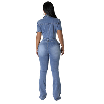 Europäisch-amerikanischer Denim-Jumpsuit mit tailliertem Bund – Slim Fit, elastisch, im Vintage-/Wasch-Look, mit ausgestelltem Bein (Flared)