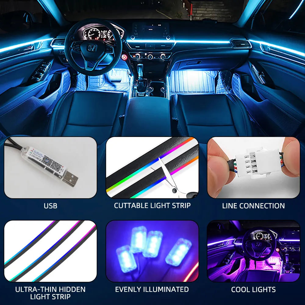 10-in-1 Auto-LED-Acryl-Lichtstreifen (RGB Symphony) – Innenraum-Lichtleisten fürs Auto mit Fernbedienung/App-Steuerung; dekorative Ambientebeleuchtung / Atmosphärenlampe.