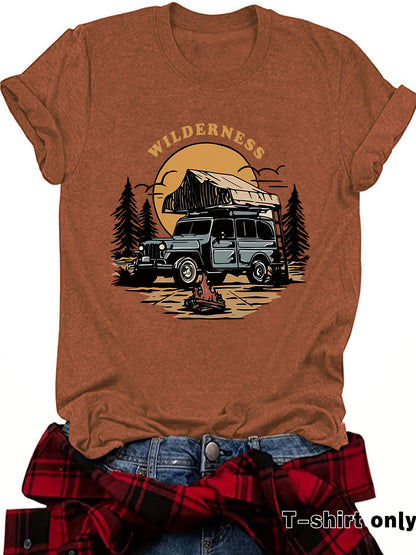Kurzarm-T-Shirt „WILDERNESS“ – Camping & Fahrzeug-Motiv