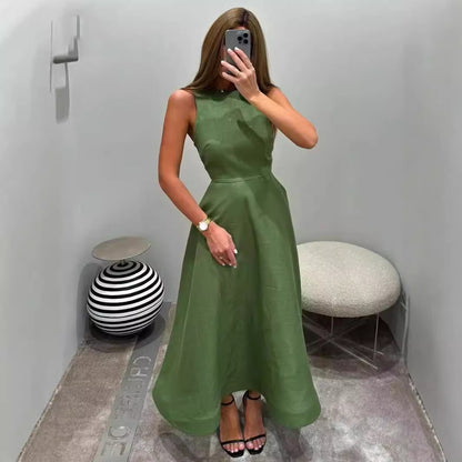 Elegantes grünes Damenkleid – modisches, ärmelloses Rundhalskleid im neuen Casual-Style, mit hoher Taille und A-Linien-Schnitt (mid waist)