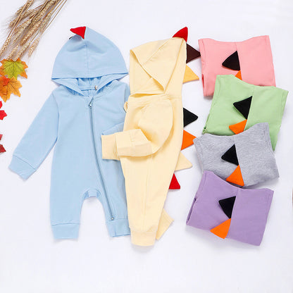 Neues Baby-Langarm-Strampler-Design (Frühling & Herbst) – Dino-Kapuzen-Overall mit Reißverschluss, einteiliger Krabbleranzug / Romper