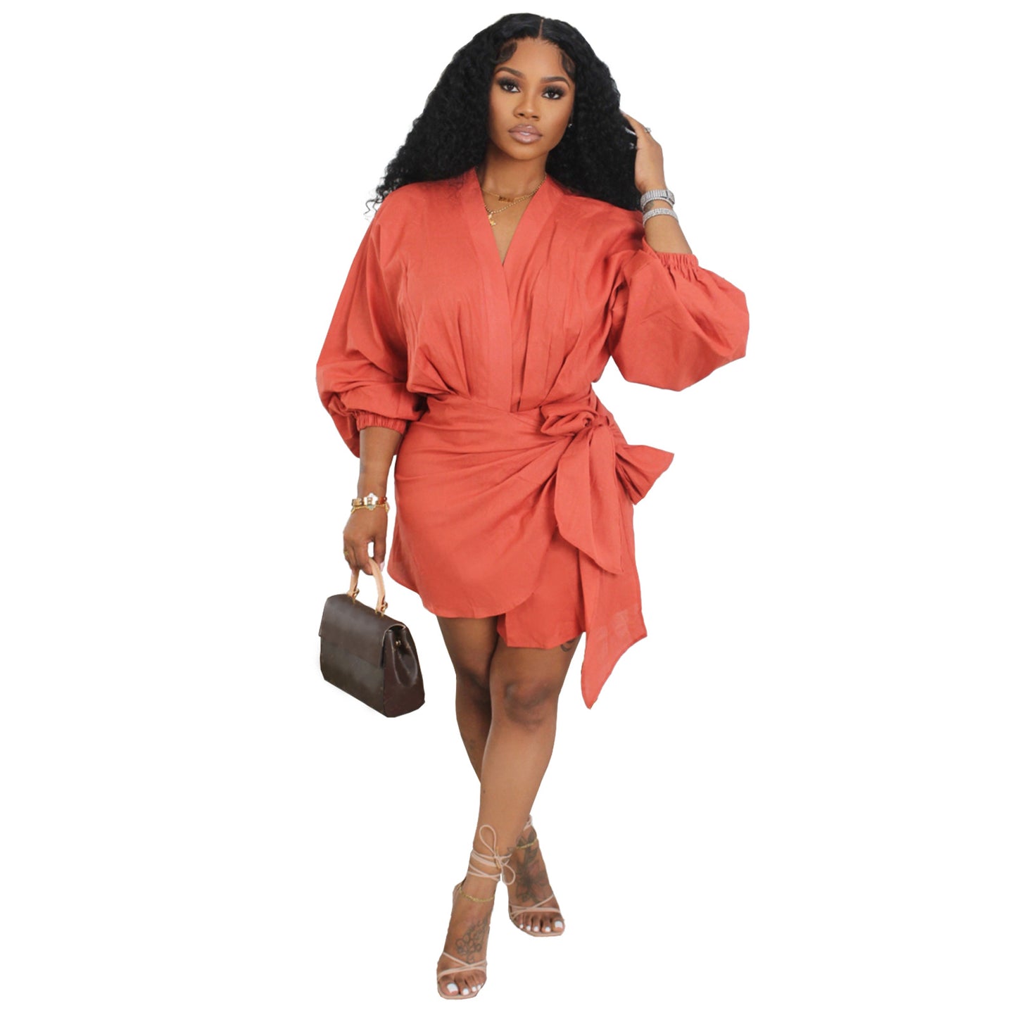 EU/US Damen-Leinenkleid mit V-Ausschnitt, Trägerdetail & langen Ärmeln – Midikleid