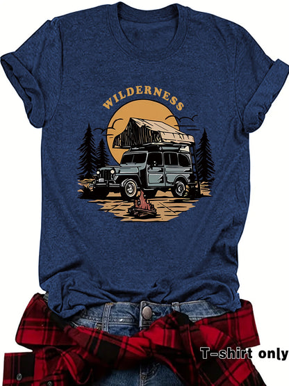 Kurzarm-T-Shirt „WILDERNESS“ – Camping & Fahrzeug-Motiv
