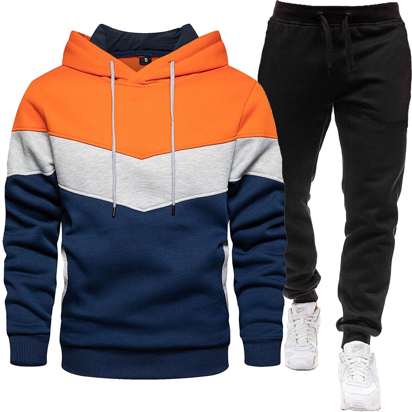 Herren-Zweiteiler (Hoodie + Hose) im Colorblock-Design – sportlich & casual, Patchwork Kapuzenpullover für Frühling/Herbst mit langer Hose