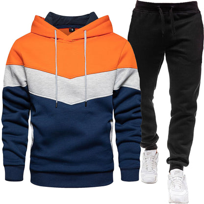 Herren-Zweiteiler (Hoodie + Hose) im Colorblock-Design – sportlich & casual, Patchwork Kapuzenpullover für Frühling/Herbst mit langer Hose