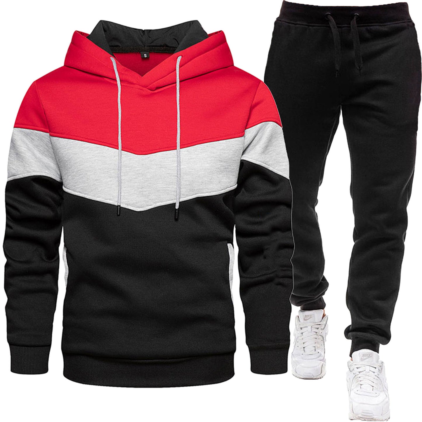 Herren-Zweiteiler (Hoodie + Hose) im Colorblock-Design – sportlich & casual, Patchwork Kapuzenpullover für Frühling/Herbst mit langer Hose