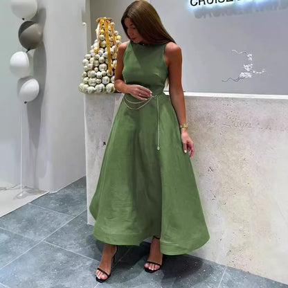 Elegantes grünes Damenkleid – modisches, ärmelloses Rundhalskleid im neuen Casual-Style, mit hoher Taille und A-Linien-Schnitt (mid waist)