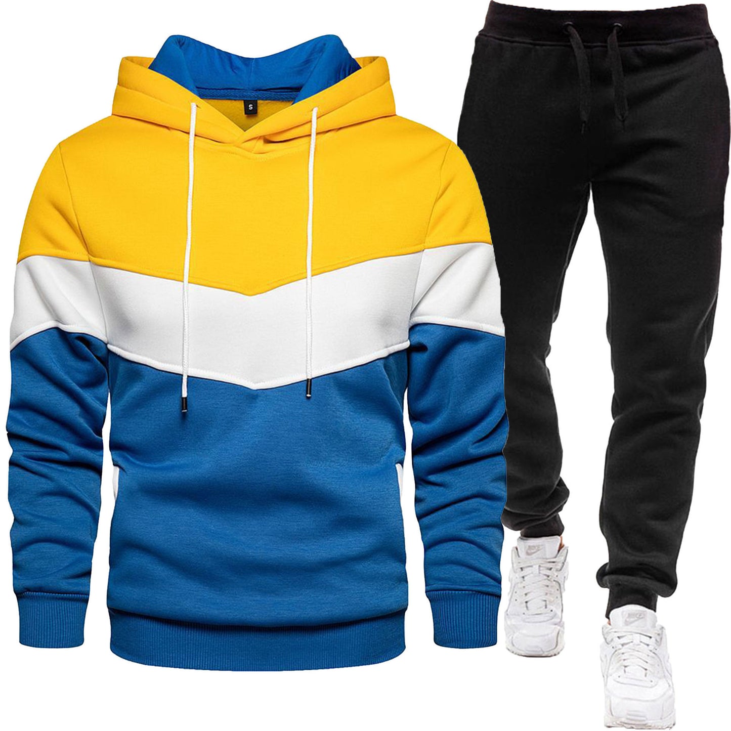 Herren-Zweiteiler (Hoodie + Hose) im Colorblock-Design – sportlich & casual, Patchwork Kapuzenpullover für Frühling/Herbst mit langer Hose