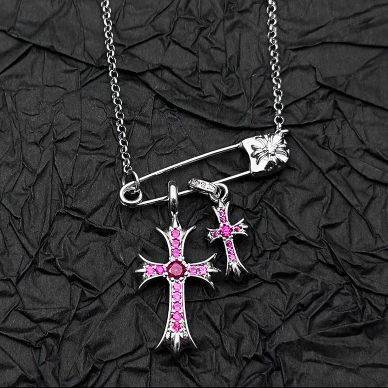 Doppelkreuz-Halskette mit Strassstein-Pin – 925 Silber plattiert, weißgoldfarben, für Damen und Herren; europäisch-amerikanischer Stil, einzigartiges Design mit hochwertigem, edlem Look.