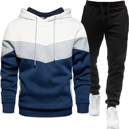 Herren-Zweiteiler (Hoodie + Hose) im Colorblock-Design – sportlich & casual, Patchwork Kapuzenpullover für Frühling/Herbst mit langer Hose