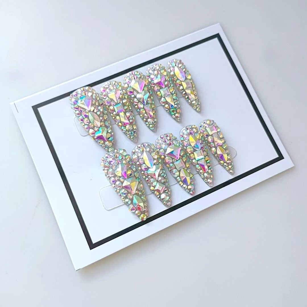 Lange Wearable Nails – Water-Drop Form, AB-Diamant/Strass, 3D-Design, handgemacht