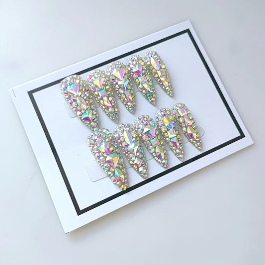 Lange Wearable Nails – Water-Drop Form, AB-Diamant/Strass, 3D-Design, handgemacht