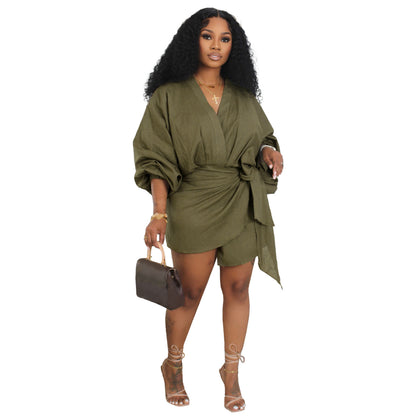 EU/US Damen-Leinenkleid mit V-Ausschnitt, Trägerdetail & langen Ärmeln – Midikleid