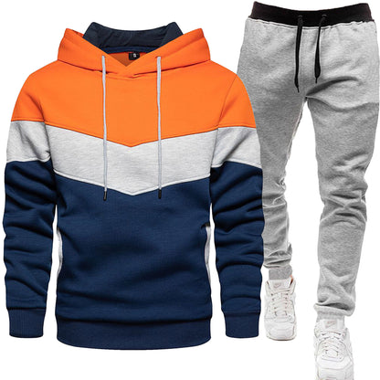 Herren-Zweiteiler (Hoodie + Hose) im Colorblock-Design – sportlich & casual, Patchwork Kapuzenpullover für Frühling/Herbst mit langer Hose