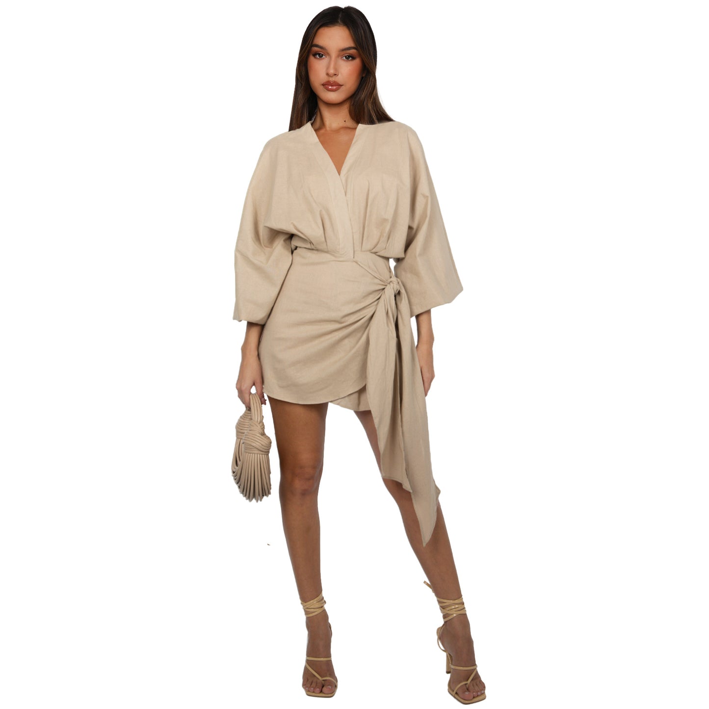 EU/US Damen-Leinenkleid mit V-Ausschnitt, Trägerdetail & langen Ärmeln – Midikleid