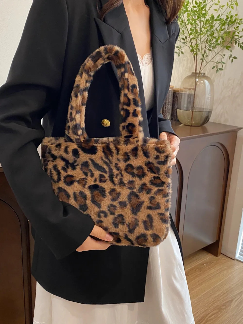 Leoparden-Fluff Handtasche mit Reißverschluss