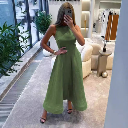 Elegantes grünes Damenkleid – modisches, ärmelloses Rundhalskleid im neuen Casual-Style, mit hoher Taille und A-Linien-Schnitt (mid waist)