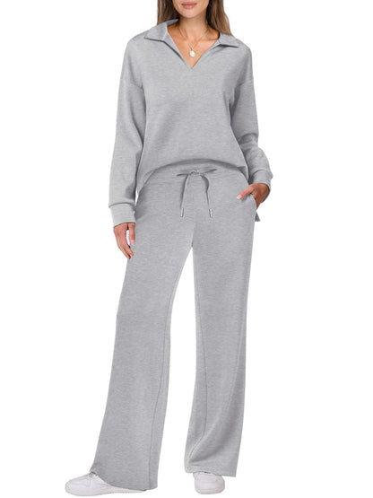 Modischer Damen-Zweiteiler für Herbst & Winter – Casual Sportsuit mit langärmeligem V-Neck-Sweatshirt und weit geschnittener Hose