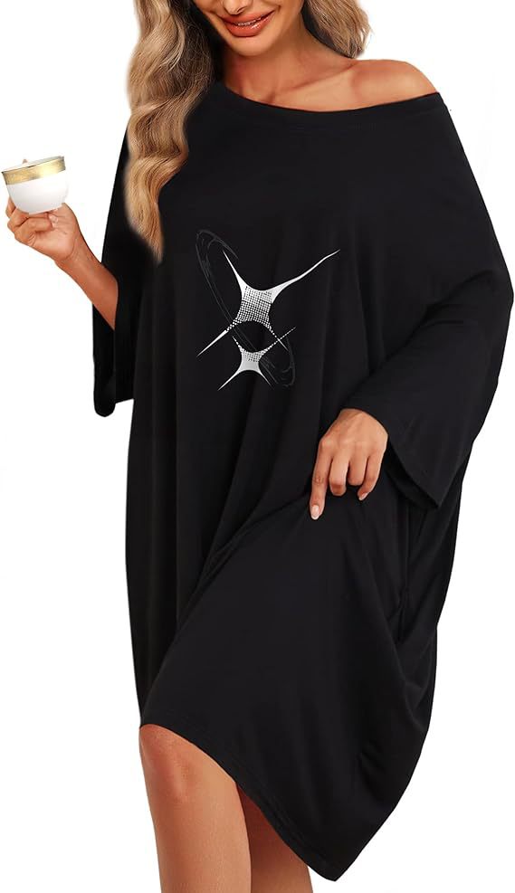 Damen-Nachthemd / Homewear – T-Shirt-Style, kurzarm, mit Print & Taschen