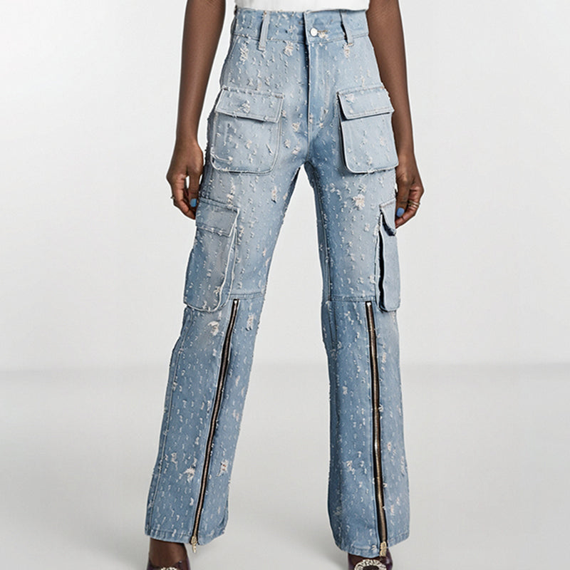 Blaue High-Waist-Jeans-Latzhose im Destroyed-Look mit Multi-Pockets (lang)