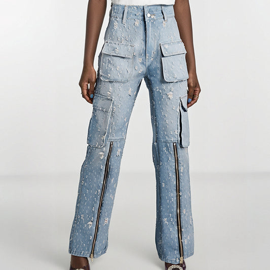 Blaue High-Waist-Jeans-Latzhose im Destroyed-Look mit Multi-Pockets (lang)